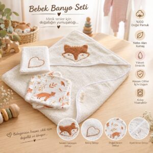 bebek-banyo-seti-ekru Elua Story ekru tilki nakışlı 8 parçalı bebek banyo seti