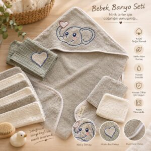 Elua Story gri fil nakışlı 8 parçalı bebek banyo seti