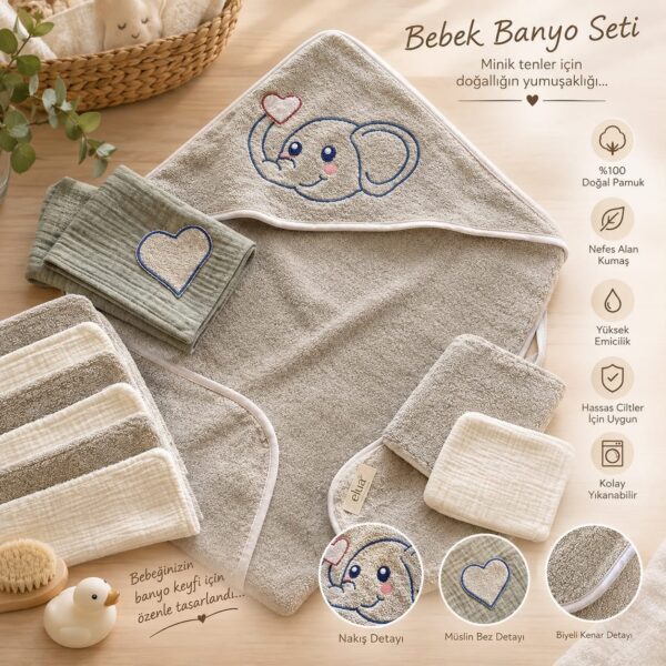 Elua Story gri fil nakışlı 8 parçalı bebek banyo seti