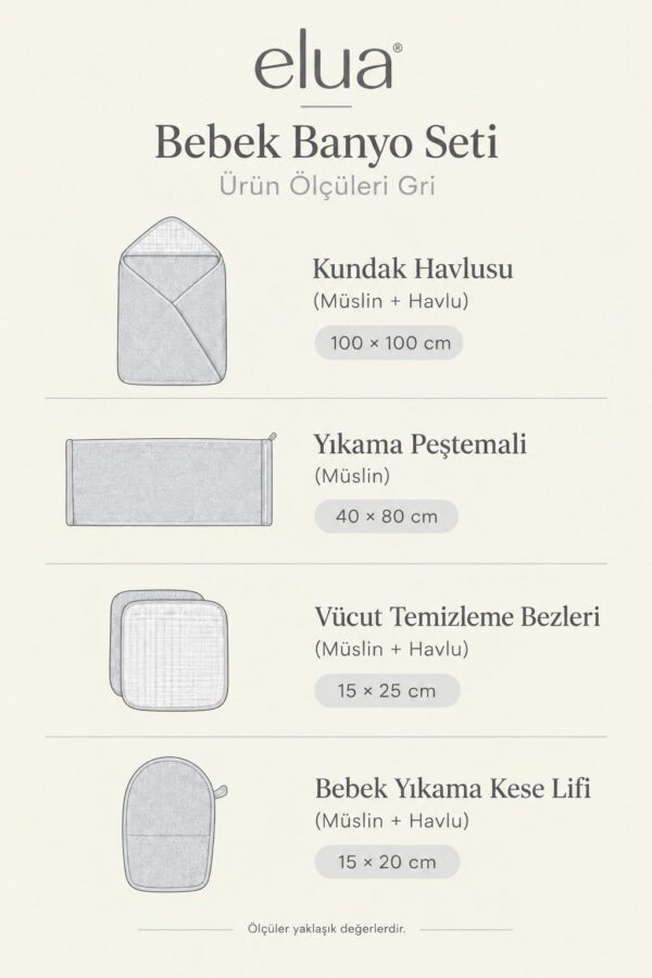 Gri bebek banyo setinin parça ölçüleri