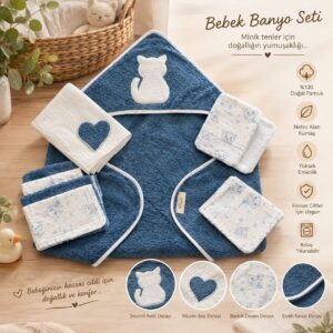 Elua Story mavi kedi nakışlı 8 parçalı bebek banyo seti