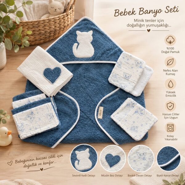 bebek-banyo-seti-mavi Elua Story mavi kedi nakışlı 8 parçalı bebek banyo seti