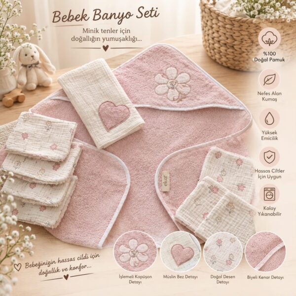 Elua Story pembe çiçek nakışlı 8 parçalı bebek banyo seti